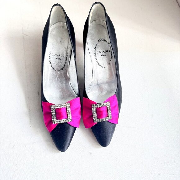Casadei Luxe Vintage Satin Rhinestone Bow Black Pink Kitten Heels - Picture 2 of 12
